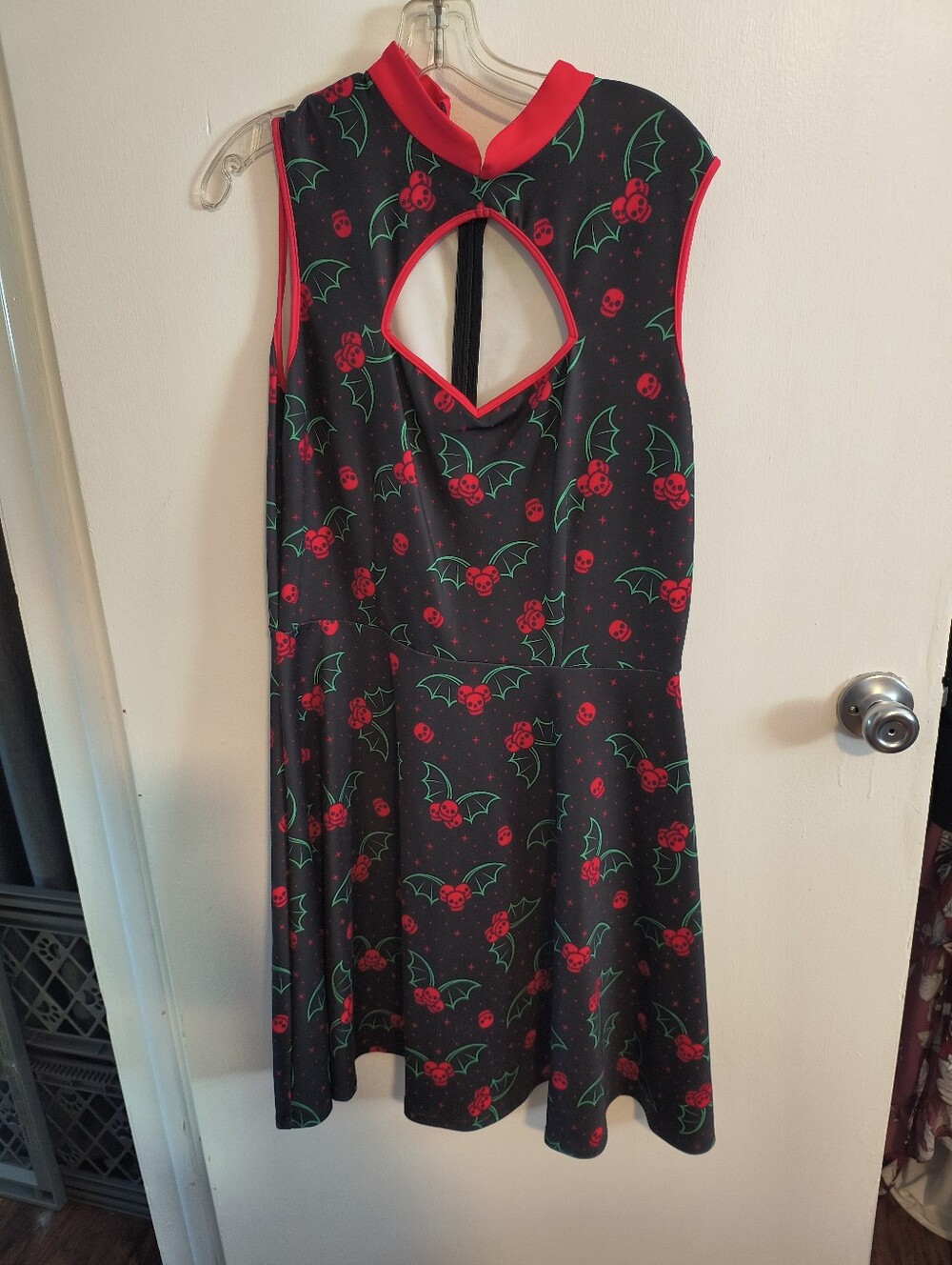 Sourpuss Goth Xmas Dress with Red & Green Bat Skull Holly Print XL